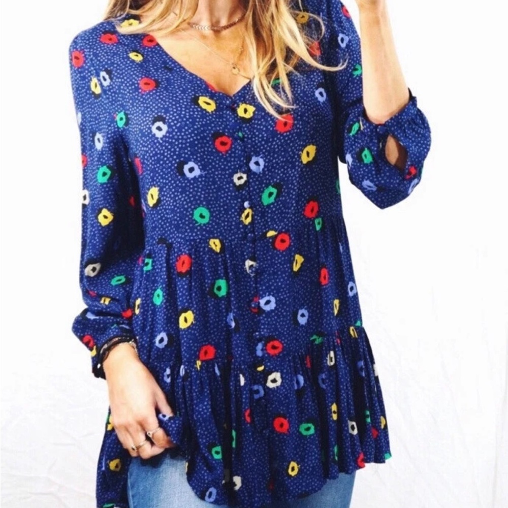 Maeve Anthropologie XS Lila Tiered Peasant Top Navy Blue Multicolor
